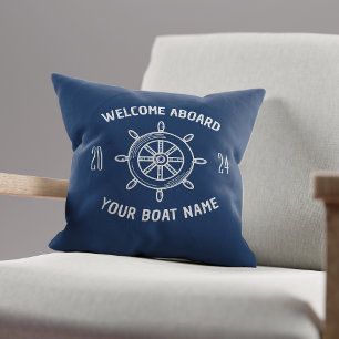 Welcome Aboard Gift for Boat Owners Navy Blue Cushion