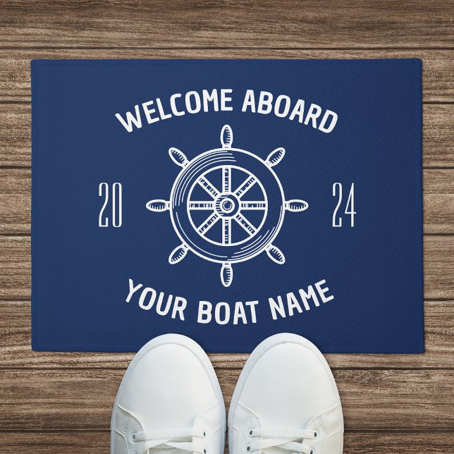 Welcome Aboard Gift for Boat Owners Navy Blue Doormat (Creator Uploaded)