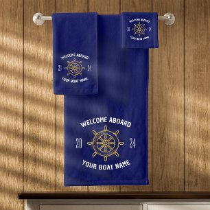 Welcome Aboard Gift for Boat Owners Navy Blue Gold Bath Towel Set