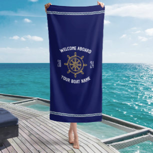 Welcome Aboard Gift for Boat Owners Navy Blue Gold Beach Towel