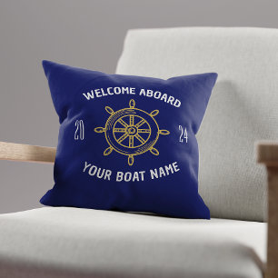 Welcome Aboard Gift for Boat Owners Navy Blue Gold Cushion