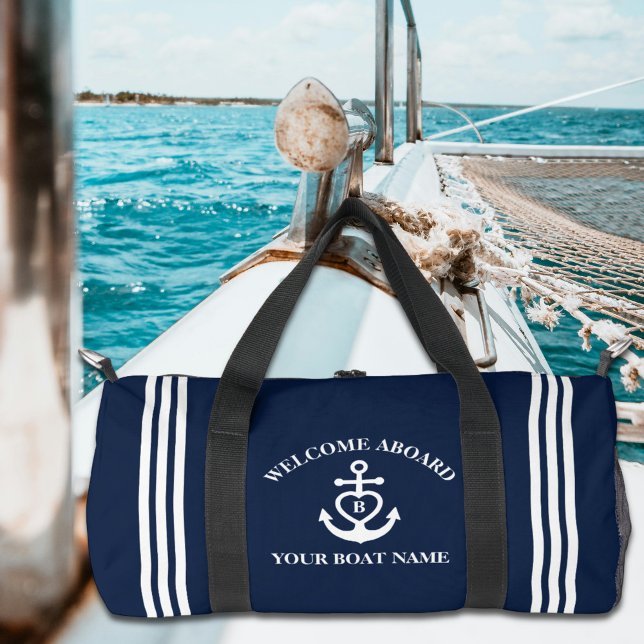 Welcome Aboard Heart Anchor Boat Name Monogram Duffle Bag (Creator Uploaded)