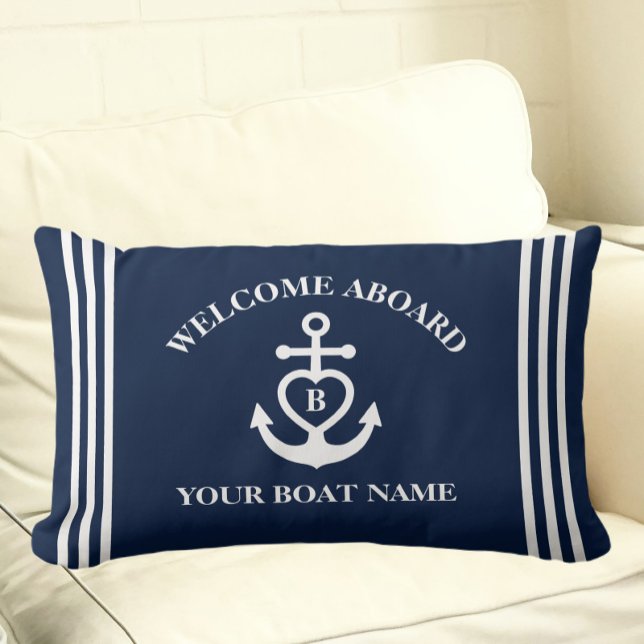 Welcome Aboard Heart Anchor Boat Name Monogram Lumbar Cushion (Creator Uploaded)