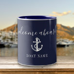 Welcome Aboard Nautical Anchor Boat Name Navy Blue Two-Tone Coffee Mug<br><div class="desc">Elegant personalised welcome aboard design featuring your boat or captain's name set in a classic white text on a navy blue background. Designed by Thisisnotme©</div>