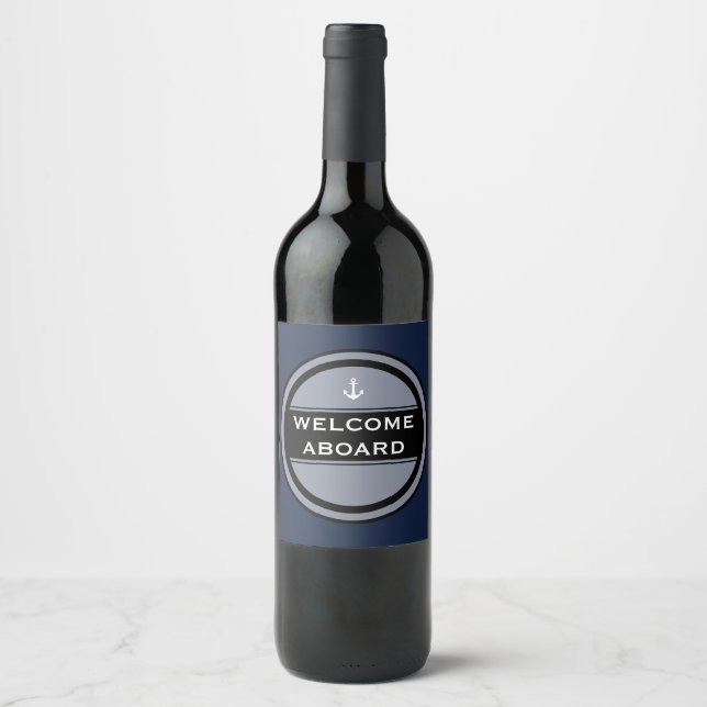 Welcome Aboard Nautical Anchor Circle Wine Label (Front)