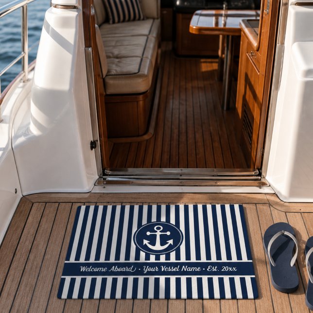 Welcome Aboard Nautical Anchor Rope Blue Stripes Doormat (Welcome Aboard Nautical Anchor Rope Blue Stripes Doormat)