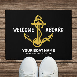 Welcome Aboard Nautical Black Gold Boat Name Doormat