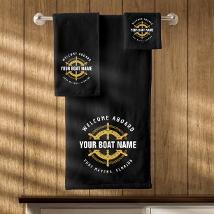 Welcome Aboard Nautical Boat Name Black & Gold Bath Towel Set
