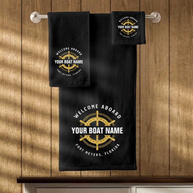 Welcome Aboard Nautical Boat Name Black & Gold Bath Towel Set (Creator Uploaded)