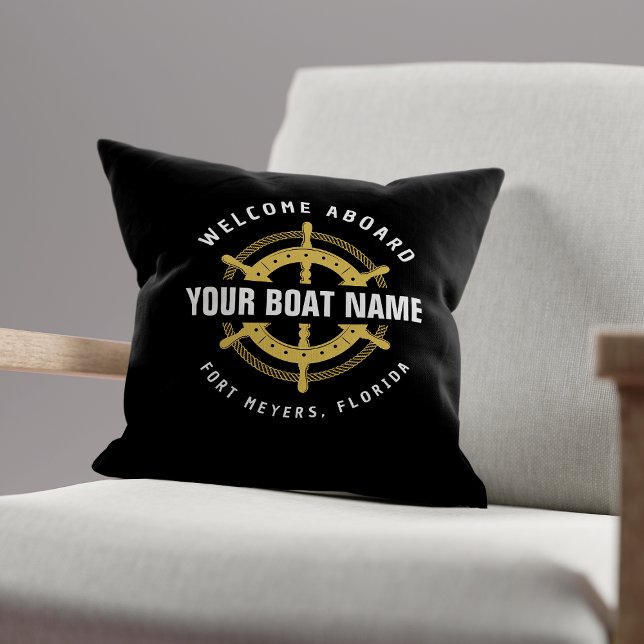 Welcome Aboard Nautical Boat Name Black & Gold Cushion (Creator Uploaded)