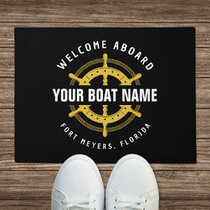 Welcome Aboard Nautical Boat Name Black & Gold Doormat
