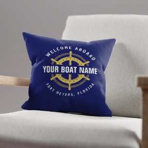 Welcome Aboard Nautical Boat Name Navy Blue Gold Cushion