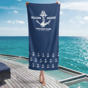 Welcome Aboard Nautical Navy Blue Boat Name Beach Towel