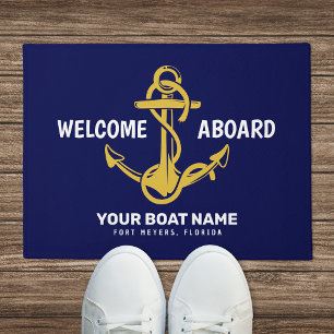Welcome Aboard Nautical Navy Blue Gold Boat Name Doormat