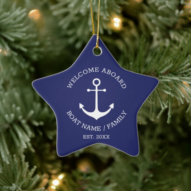 Welcome Aboard navy blue custom nautical anchor Ceramic Tree Decoration (Tree)