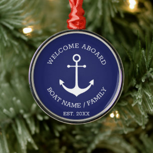 Welcome Aboard navy blue custom nautical anchor Metal Tree Decoration