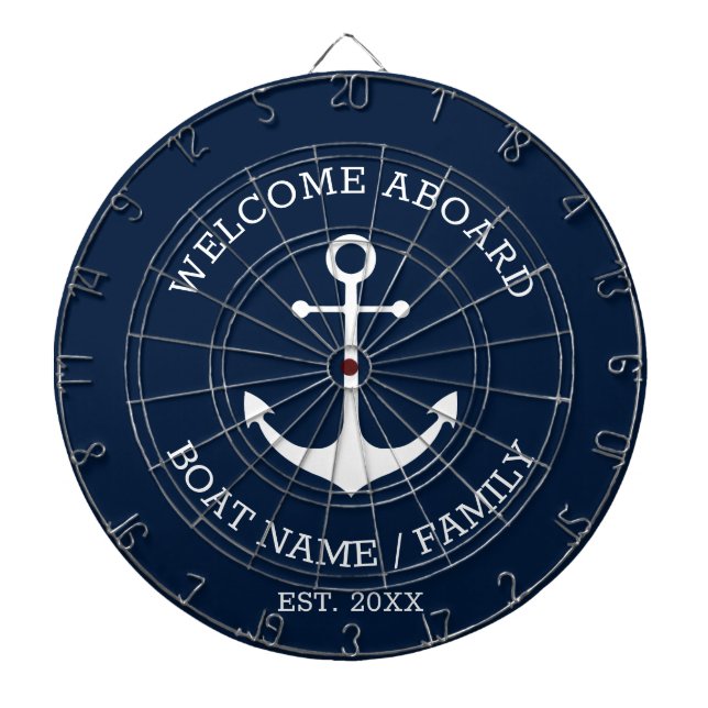 Welcome Aboard navy blue nautical anchor boat name Dartboard (Front)