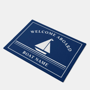 Welcome Aboard Navy Blue Nautical Boating Name  Do Doormat