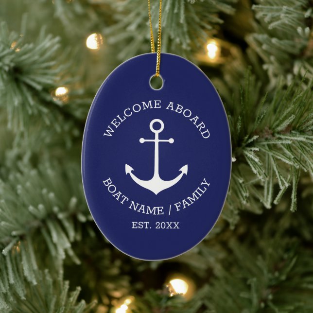 Welcome Aboard navy white custom nautical anchor  Ceramic Tree Decoration (Tree)