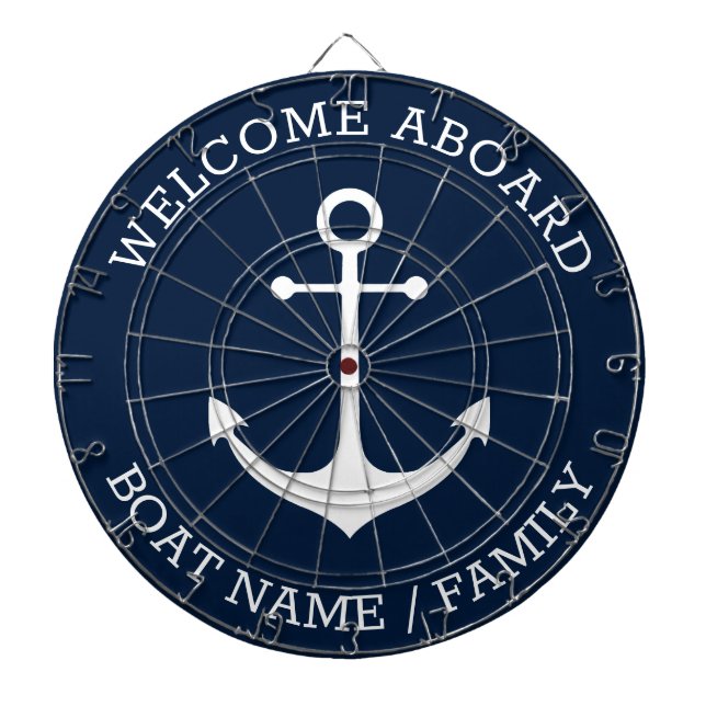 Welcome Aboard navy white nautical anchor name Dartboard (Front)