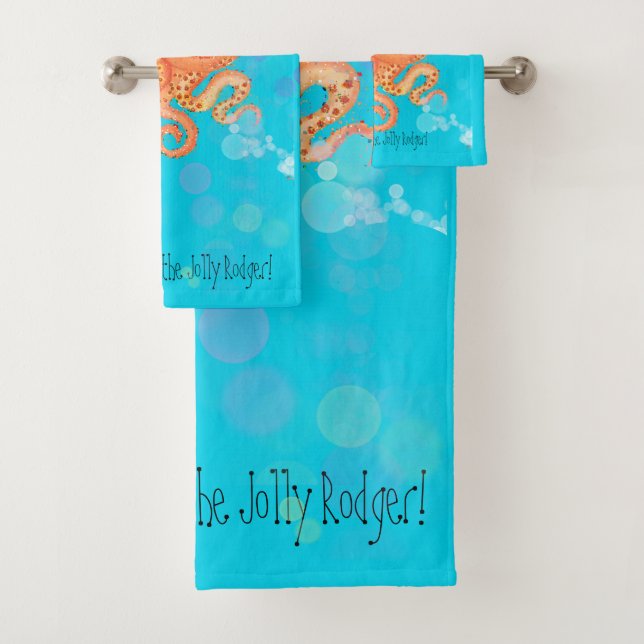 Welcome aboard octopus in bubbly sea bath towel set (Insitu)