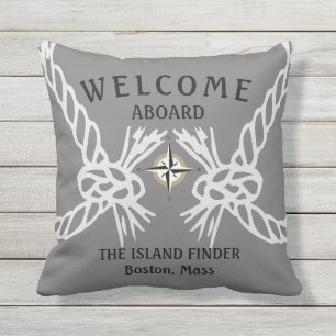 Welcome Aboard The Boats Name Grey and White Cushion