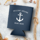 Welcome Aboard Vintage Nautical Anchor Boat Name Can Cooler<br><div class="desc">Welcome Aboard Your Personalised Boat Name with Vintage Nautical Anchor on a Stylish Navy Grey Blue Can Cooler.</div>