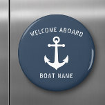 Welcome Aboard Vintage Nautical Anchor Boat Name Magnet<br><div class="desc">Stylish round refrigerator magnet with "welcome aboard",  your personalised boat name or other text and a custom vintage ship anchor in white on ocean grey-blue or choose background colours to match your  decor. Makes a great unique gift.</div>