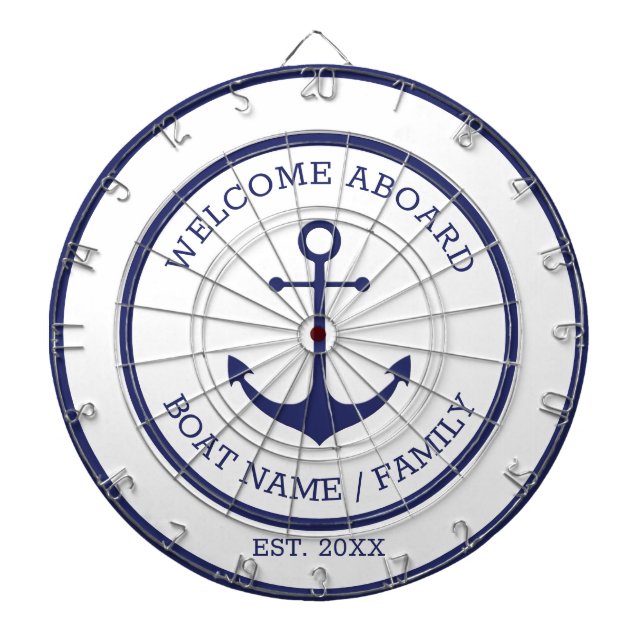 Welcome Aboard white blue nautical anchor custom Dartboard (Front)