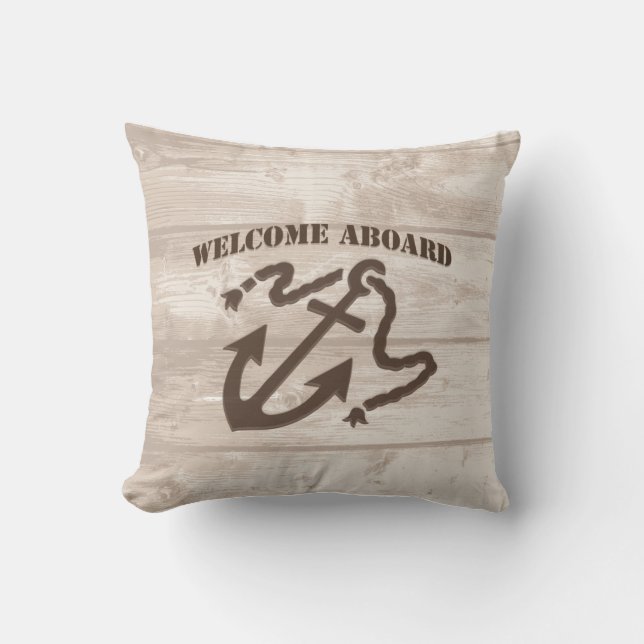 Welcome Aboard Wood Plank Nautical Throw Pillow (Front)
