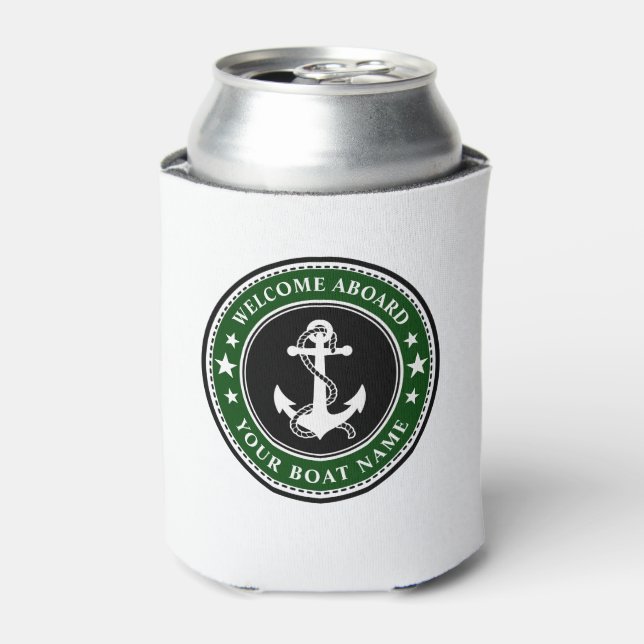 Welcome Aboard Your Boat Name Anchor Stars Green Can Cooler (Can Front)