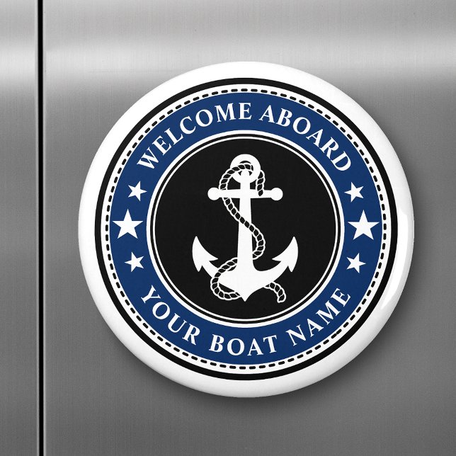 Welcome Aboard Your Boat Name Anchor Stars Navy Magnet (Creator Uploaded)
