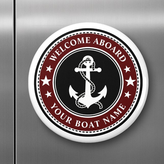Welcome Aboard Your Boat Name Anchor Stars Red Magnet (Creator Uploaded)