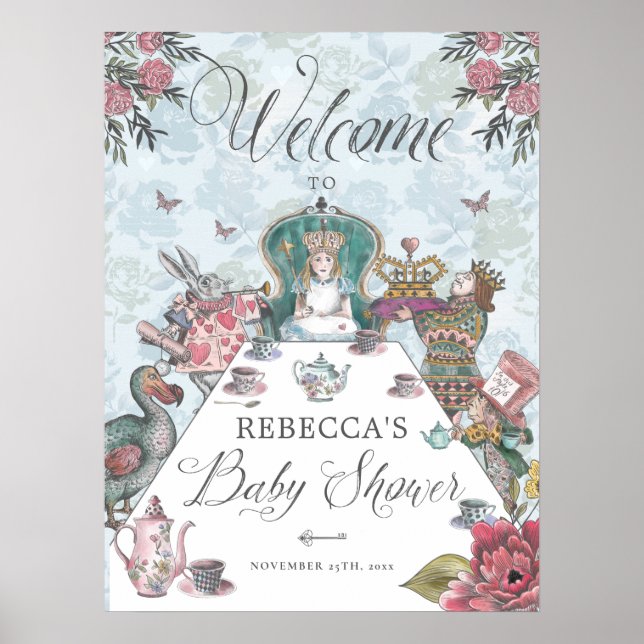 Welcome Alice in Wonderland Tea Party Baby Shower Poster (Front)