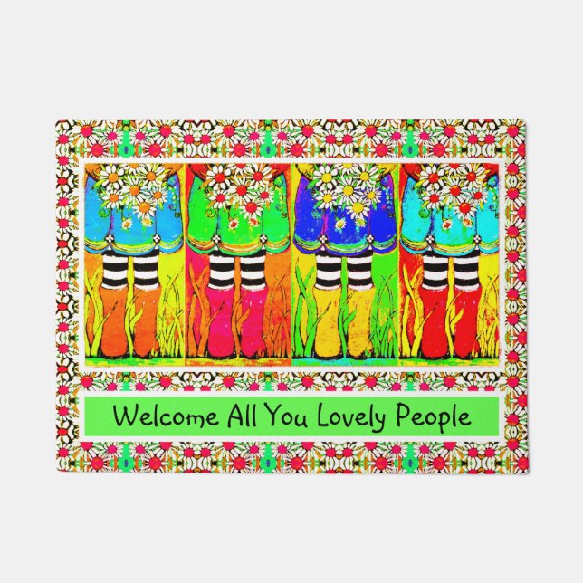 Welcome All You Lovely People Boots and Daisies Doormat (Front)