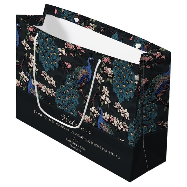 Welcome Almost Black Floral Peacocks Large Gift Bag (Front Angled)