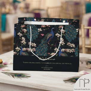 Welcome Almost Black Floral Peacocks Large Gift Bag