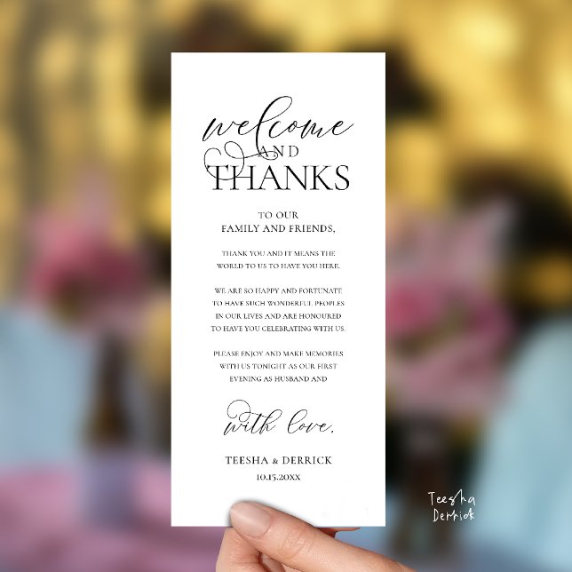 "Welcome and Thanks" Classy Reception Guest Card ("Welcome and Thanks" Classy Wedding Romantic Reception Guest Card in black and white)