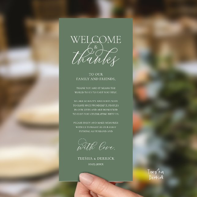 "Welcome and Thanks" Elegant Reception Guest Card ("Welcome and Thanks" Elegant Wedding Reception Guest Thank you Card in Sage Green)
