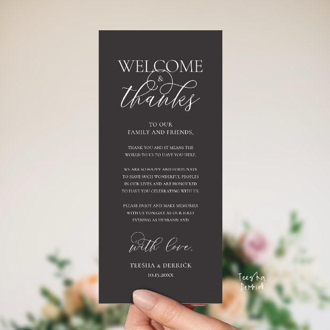"Welcome and Thanks" Elegant Reception Guest Card ("Welcome and Thanks" Elegant Wedding Reception Guest Thank you Card in Charcoal Grey)
