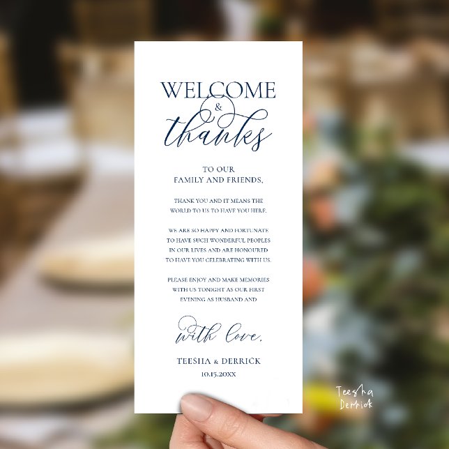 "Welcome and Thanks" Elegant Reception Guest Card ("Welcome and Thanks" Elegant Wedding Reception Guest Thank you Card in Navy Blue)