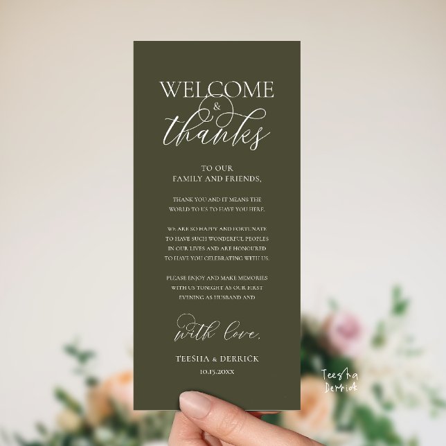 "Welcome and Thanks" Elegant Reception Guest Card ("Welcome and Thanks" Elegant Wedding Reception Guest Thank you Card in Olive Green)