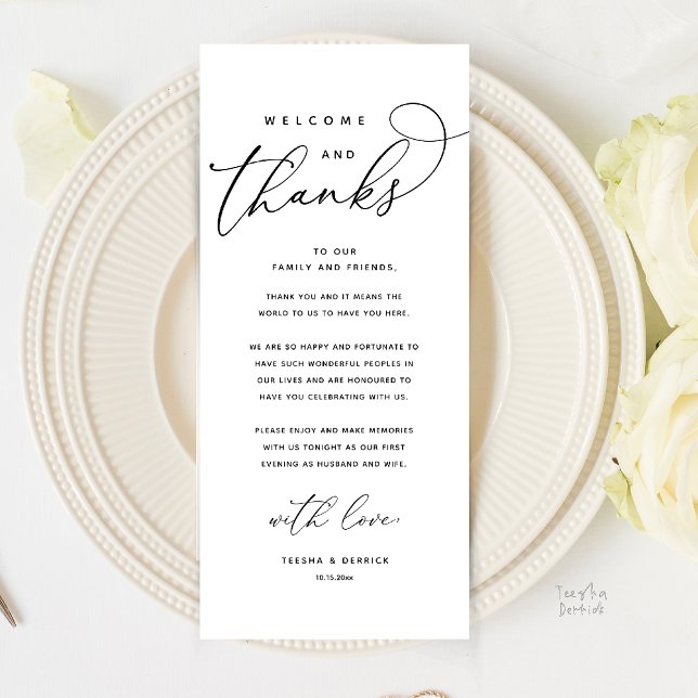 Welcome and Thanks, Modern Dinner Thank You Card (Welcome and Thanks, Modern boho wedding Dinner reception Thank You Card in black and white)