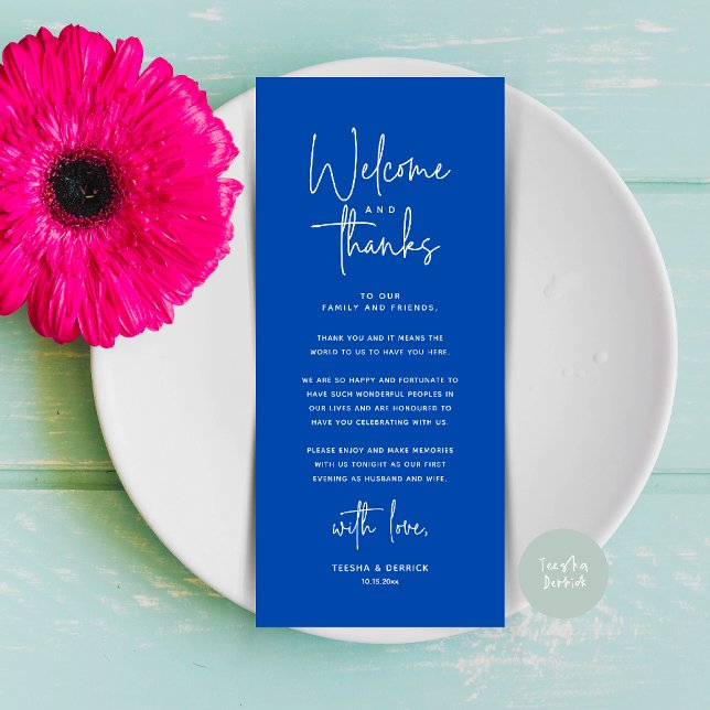 Welcome and Thanks Place Setting Thank You Card (Welcome and Thanks Modern Wedding Dinner Place Setting Thank You Card in Cobalt Blue)