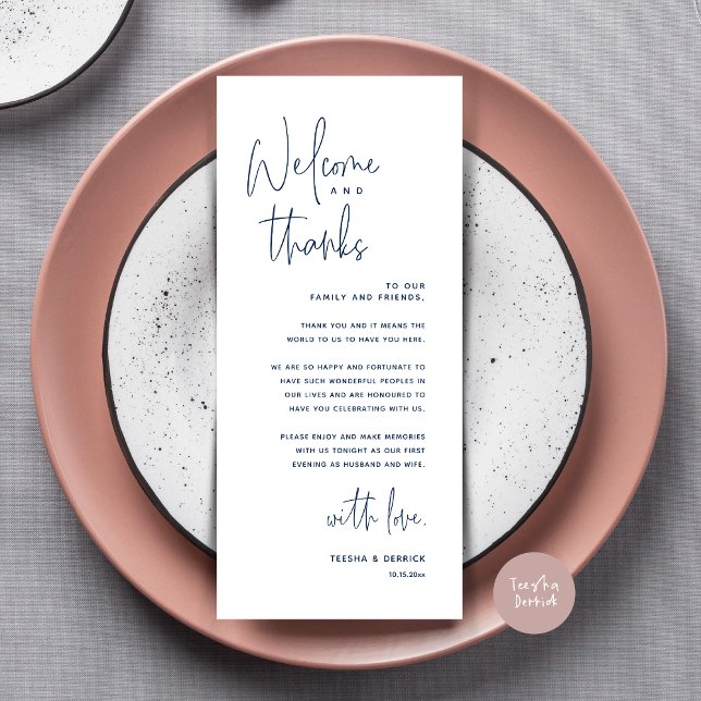 Welcome and Thanks, Place Setting Thank You Card (Welcome and Thanks, Dinner Place Setting Thank You Card, Modern Romantic, in Navy Blue)