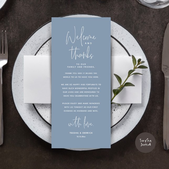 Welcome and Thanks, Place Setting Thank You Card (Wedding Dinner Place Setting Thank You Card, Modern Minimalist, in Dusty Blue)