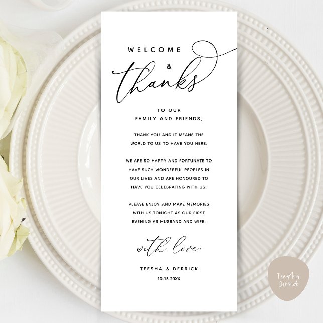 Welcome and Thanks, Place Setting Thank You Card (Welcome and Thanks, Wedding Dinner Place Setting Thank You Card in Classy Black White)