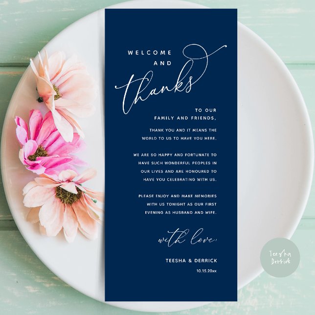 Welcome and Thanks, Place Setting Thank You Card (Welcome and Thanks, Wedding Dinner Place Setting Thank You Card in Classy navy Blue)