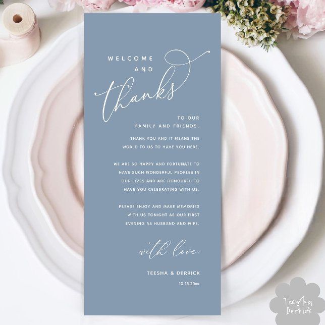 Welcome and Thanks, Place Setting Thank You Card (Welcome and Thanks, Wedding Dinner Place Setting Thank You Card in Classy Dusty Blue)