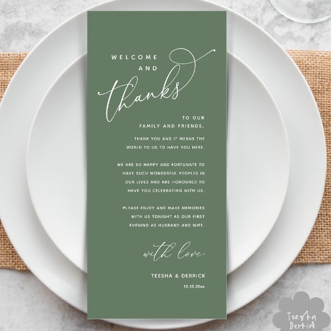 Welcome and Thanks, Place Setting Thank You Card (Welcome and Thanks, Wedding Dinner Place Setting Thank You Card in Sage Green)